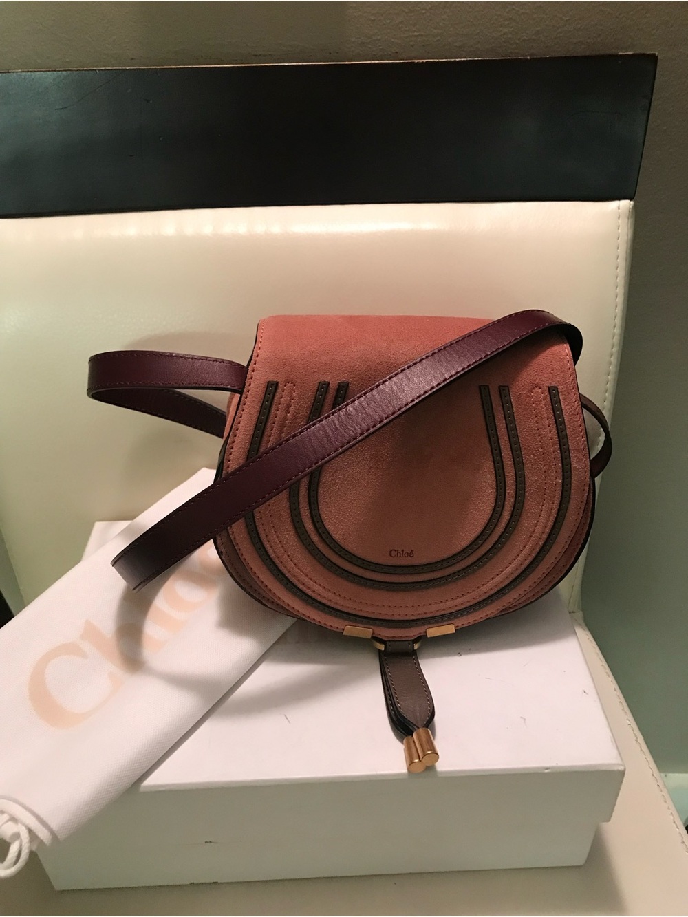 Chloe Marcie Small Crossbody in Rust Suede with Burgundy Strap